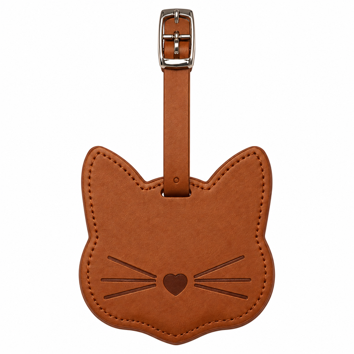 A brown leather cat-shaped luggage tag with a silver metal buckle, featuring embossed cat whiskers and a heart on the face, shown against a plain white background.