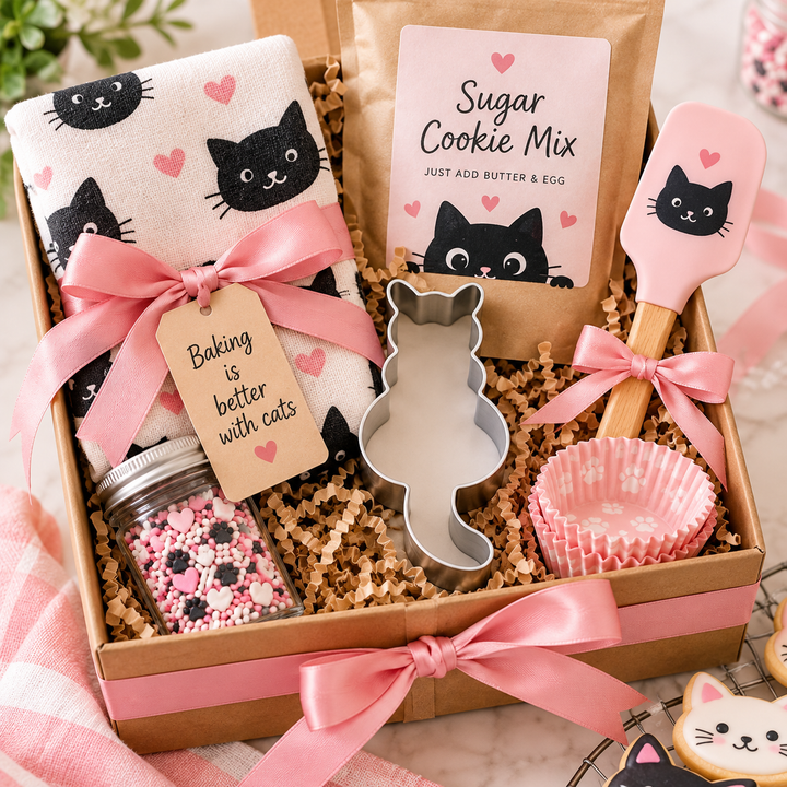 A curated baking gift box filled with cat-themed items, including a pink and black cat print towel, a bag of sugar cookie mix, a silicone cat-shaped cookie cutter, a pink spatula, cupcake liners, and a jar of pink and black sprinkles, all arranged in a kraft box with a pink ribbon.