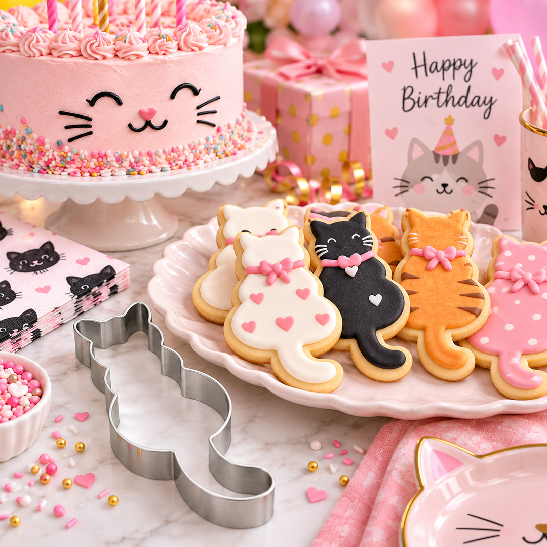 A pink and white birthday party setup with cat-themed decorations, including a pink cake with a cat face, cat-shaped sugar cookies on a plate, a silver cat-shaped cookie cutter, cat napkins, and a 'Happy Birthday' card.
