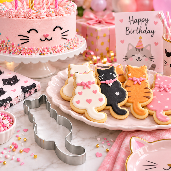 A pink and white birthday party setup with cat-themed decorations, including a pink cake with a cat face, cat-shaped sugar cookies on a plate, a silver cat-shaped cookie cutter, cat napkins, and a 'Happy Birthday' card.
