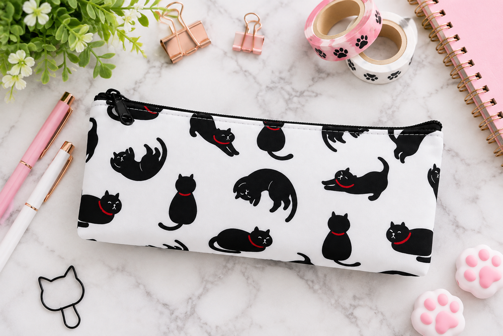 A white zippered pencil case with a black cat pattern and small red collar details, styled on a white marble desk with stationery props.