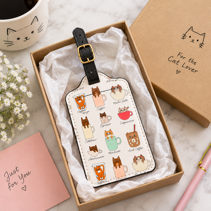 A cat-themed luggage tag displayed in a kraft gift box with tissue paper, surrounded by matching gift props including a cat mug, flowers, a pink card, and a pen on a marble surface.