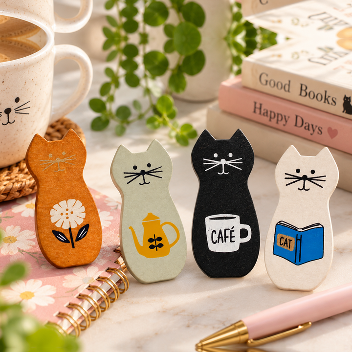 Four cat-shaped wooden coasters with different colored bodies and cute printed designs, arranged on a marble surface with coffee mugs, books, and pens in the background.