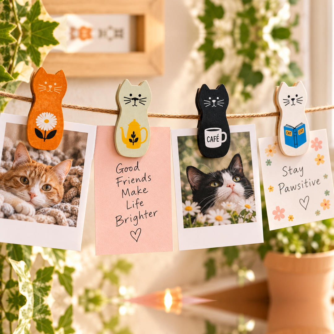 Four decorative wooden cat-shaped photo clips hang on a string, each holding a printed photo or card in a cozy indoor setting with plants and warm lighting.