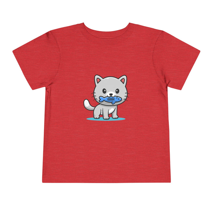 Cat Eating A Fish Toddler Tee - Happy Little Kitty