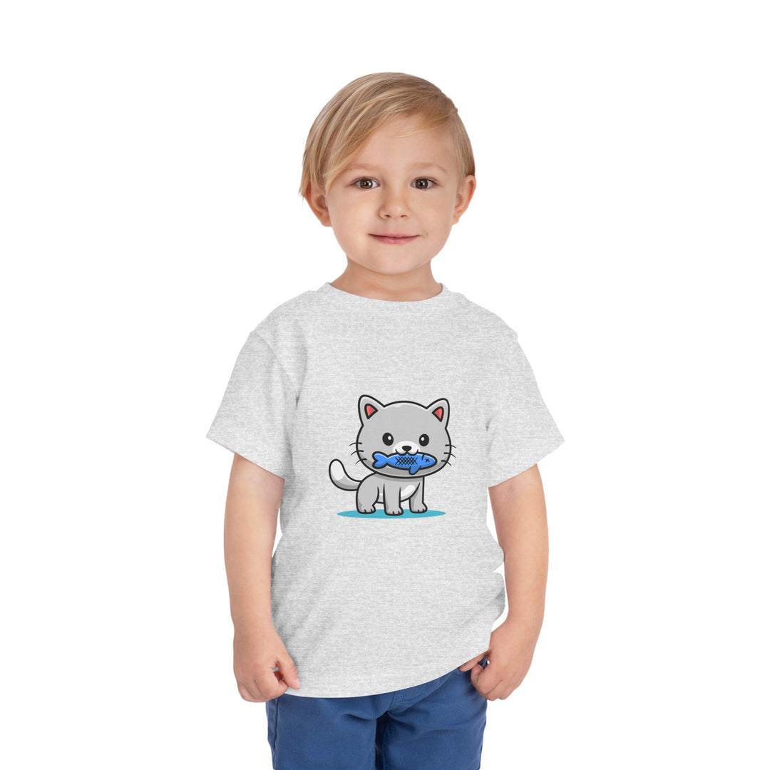 Cat Eating A Fish Toddler Tee - Happy Little Kitty