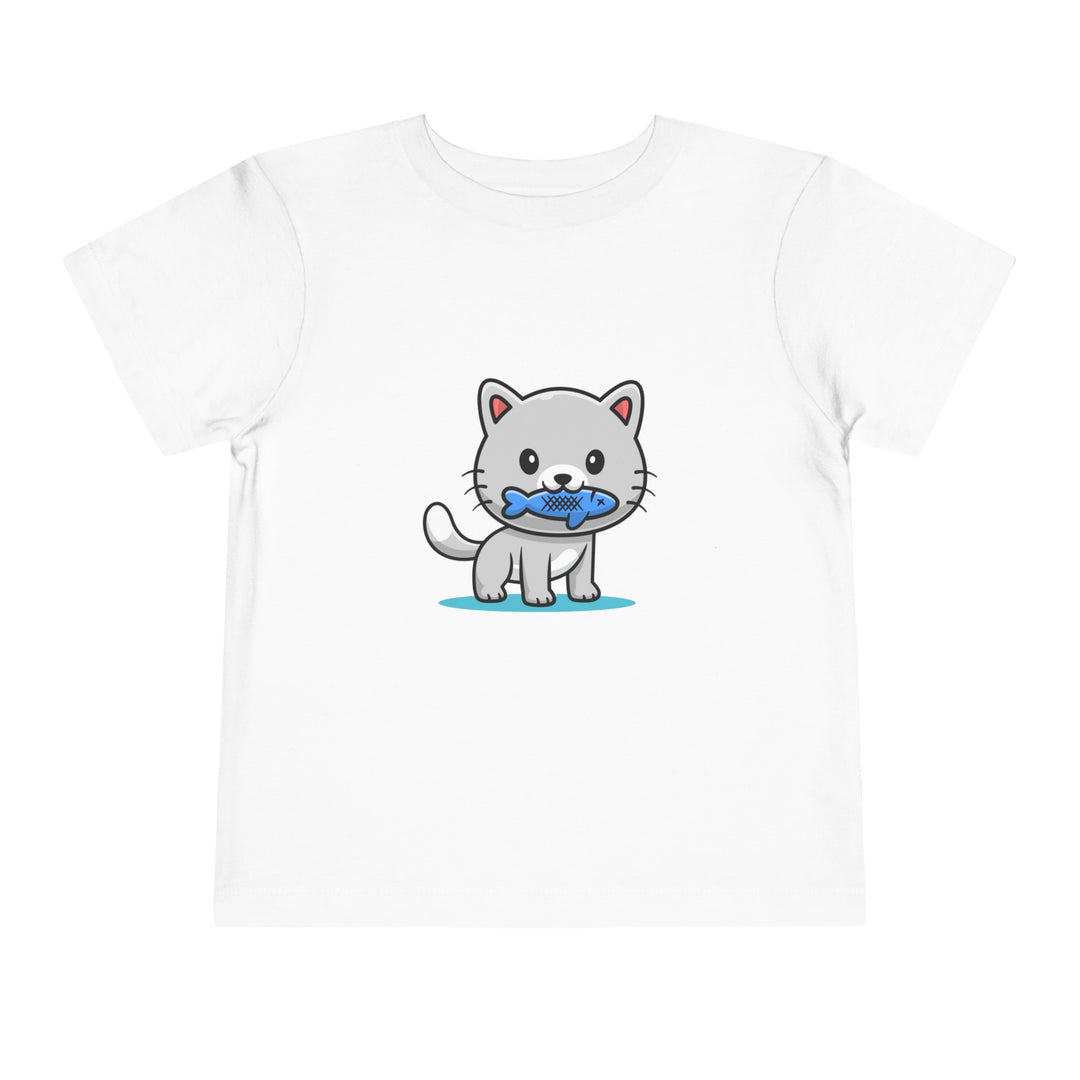 Cat Eating A Fish Toddler Tee - Happy Little Kitty