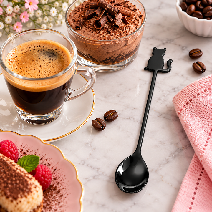 A black cat-shaped spoon with a long handle is displayed on a light marble tabletop alongside a glass of espresso, a chocolate dessert, coffee beans, a pink napkin, and a pastry.