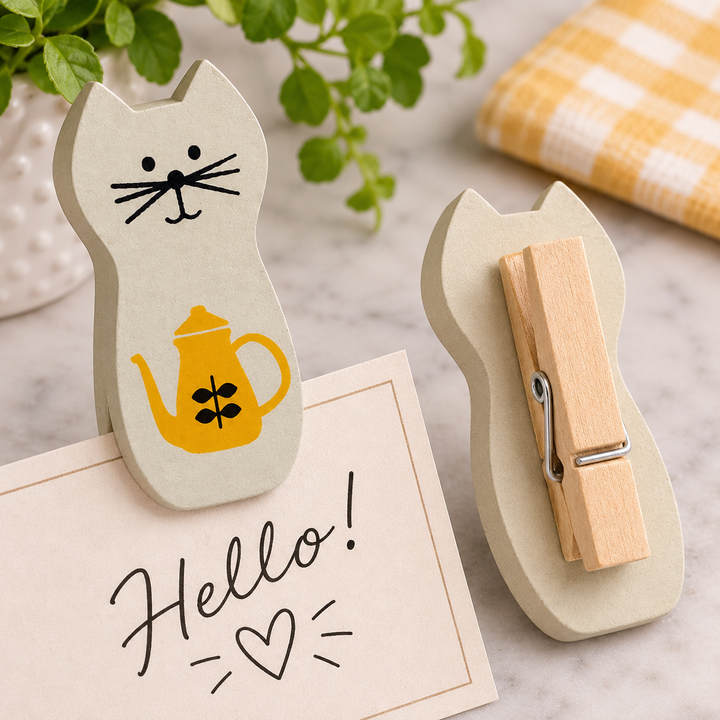 Two cat-shaped wooden clothespins on a light marble surface with a green plant and a yellow-and-white check cloth in the background. One pin is shown holding a card that says 'Hello!' and the other is shown from the back with a wooden clothespin attached.
