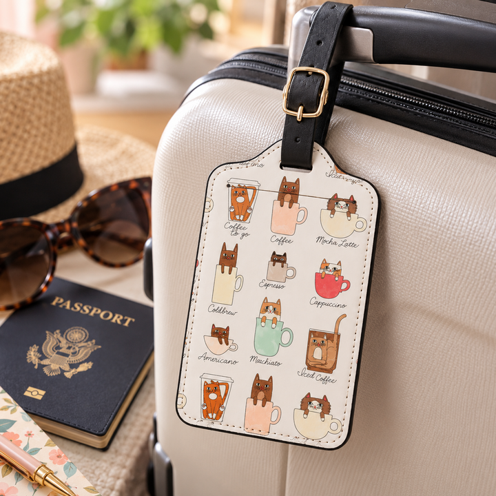 A luggage tag with a cute coffee-themed cat illustration pattern, attached to a cream-colored suitcase. The suitcase is styled with a navy blue passport, tortoiseshell sunglasses, and a straw hat in a warm, sunny outdoor setting.