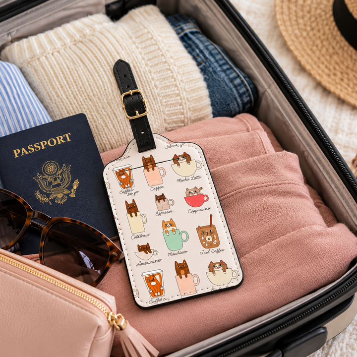 A cute cat-themed luggage tag with a black leather strap is shown inside an open suitcase alongside a passport, sunglasses, a pink pouch, and folded clothes. The tag features a white background decorated with various illustrated cats and coffee cups.