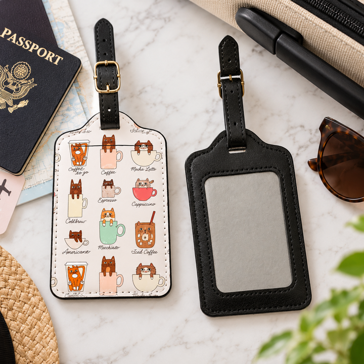 Two black leather luggage tags displayed on a white marble surface with travel-themed props. One tag has a white background with a grid of cute coffee-themed illustrations, and the other has a blank gray ID window.