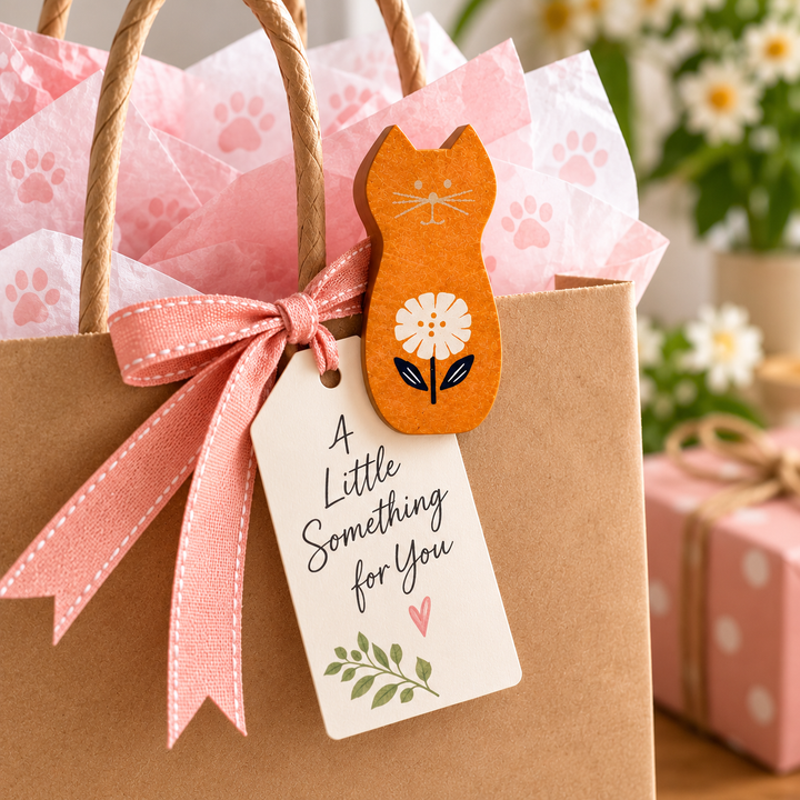 A brown kraft gift bag with twisted paper handles, filled with pink tissue paper and tied with a pink ribbon. A wooden cat-shaped ornament with a flower design hangs from a gift tag that reads, 'A Little Something for You.