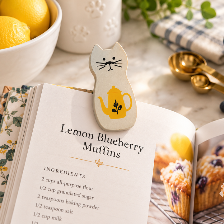 A ceramic cat-shaped recipe bookmark holding an open cookbook titled 'Lemon Blueberry Muffins,' styled on a kitchen counter with lemons, blueberries, gold measuring spoons, and a checkered cloth.