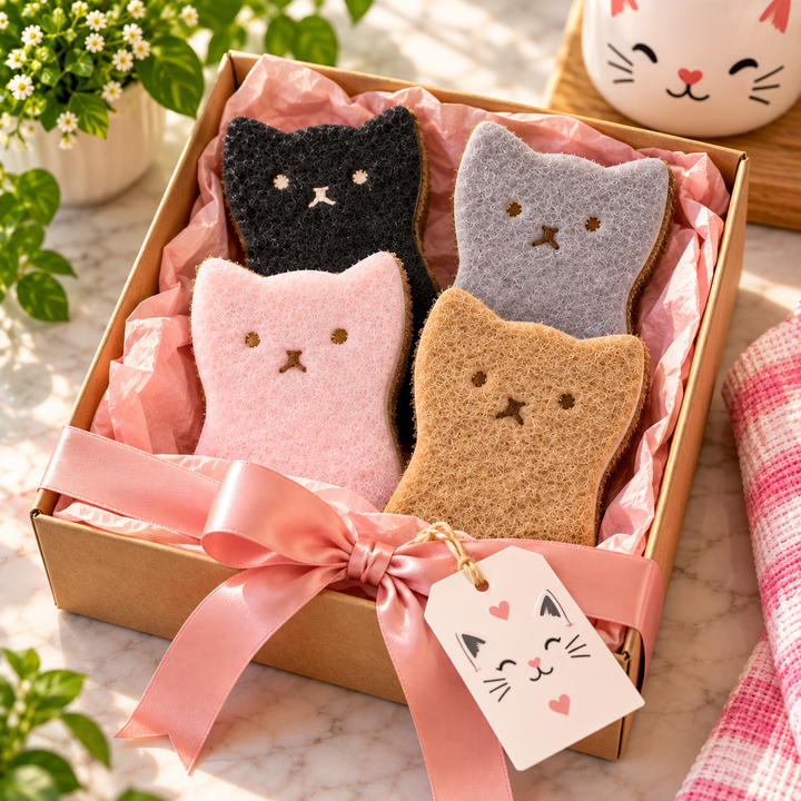 A gift box containing four cat-shaped felt washcloths in black, gray, white, and tan, arranged in pink tissue paper inside a brown cardboard box with a pink ribbon and a cat-face tag.