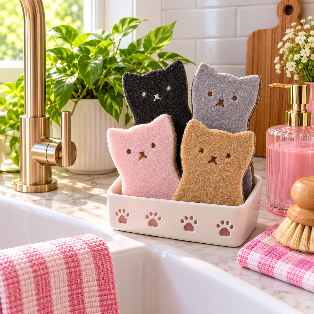 Four cat-shaped sponge scrubbers in white, tan, black, and gray, arranged in a white ceramic holder with paw print cutouts on a bathroom sink countertop.