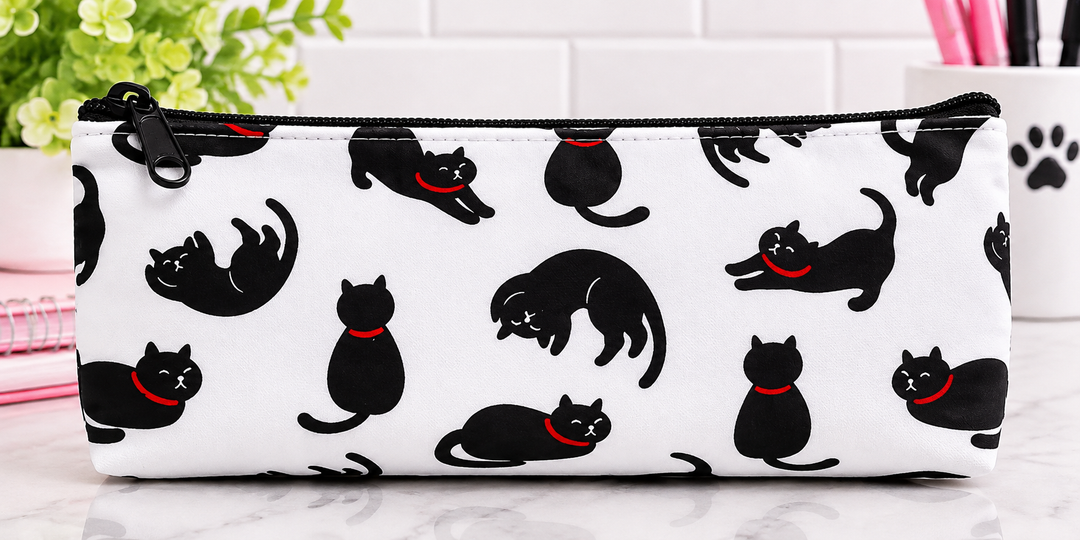 A white zipper pouch with a black and red cat pattern, displayed on a marble surface with a white tile background.
