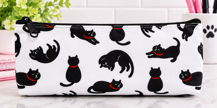 A white zipper pouch with a black and red cat pattern, displayed on a marble surface with a white tile background.