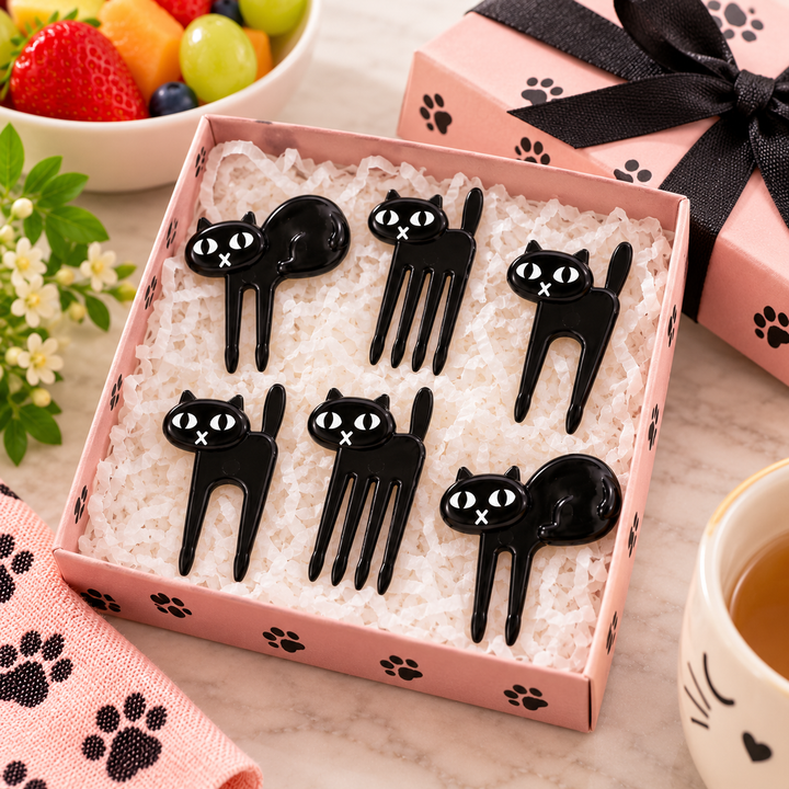 Six black cat-shaped fork handles displayed in a pink gift box with paw-print patterns, surrounded by styled props including a bowl of fruit, a cup of tea, and a matching gift box in the background.
