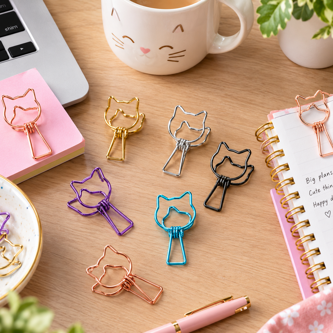 A set of cat-shaped metal paperclips in multiple colors (rose gold, gold, silver, black, purple, and blue) arranged on a wooden desk alongside stationery items including a pink notebook, a spiral notebook, a white mug, and a pink pen.