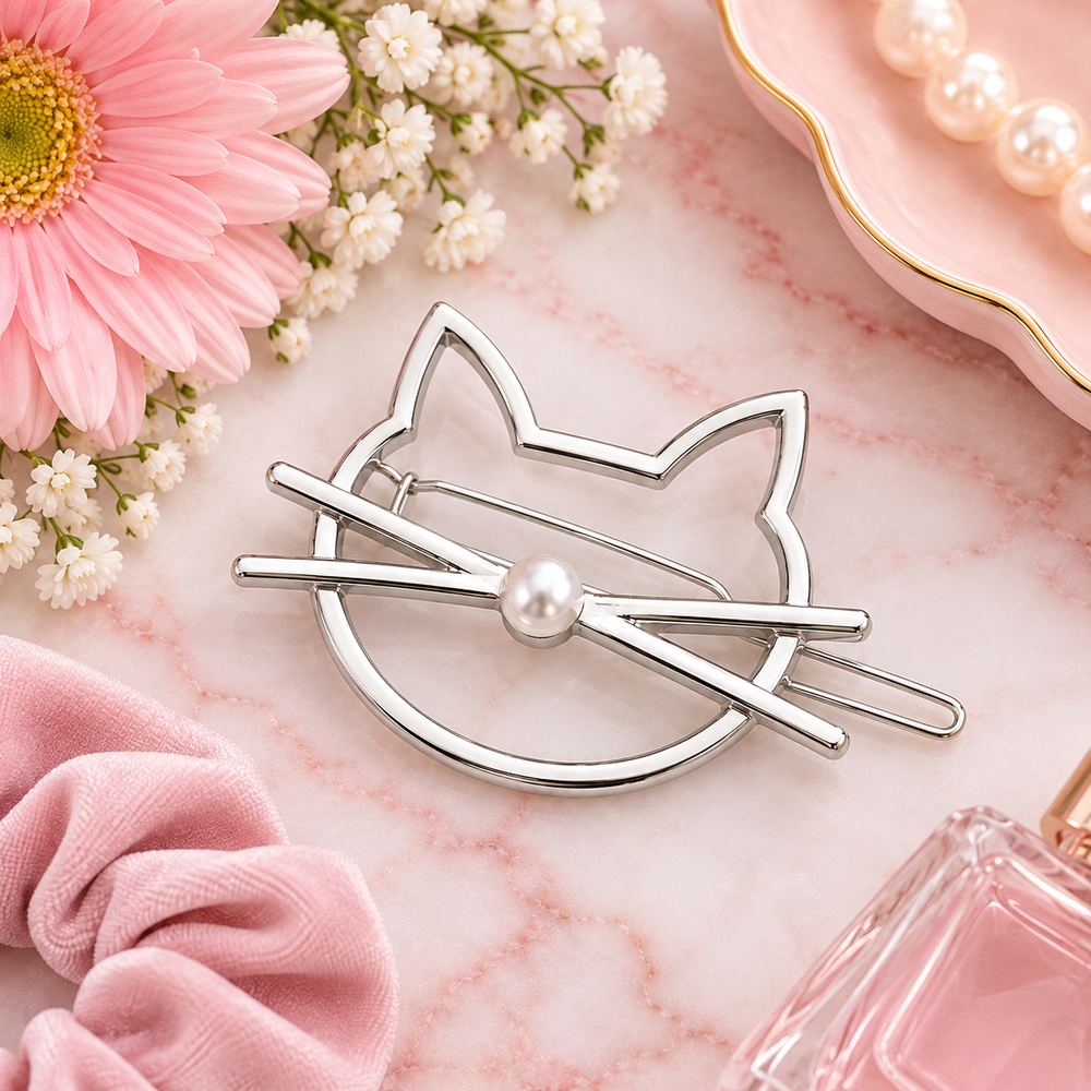 A silver cat-head outline hair pin with a pearl center, styled on a pink marble surface with a pink flower, white baby's breath, a pink scrunchie, and a pink perfume bottle.