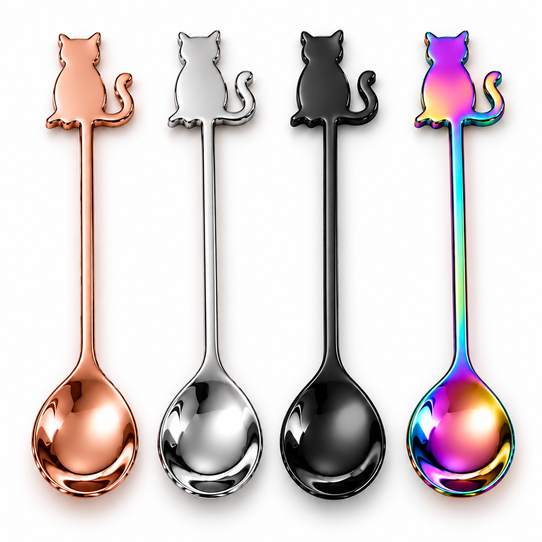 Four stainless steel cat-shaped spoons in different finishes: rose gold, silver, black, and iridescent rainbow. They are arranged vertically on a plain white background.