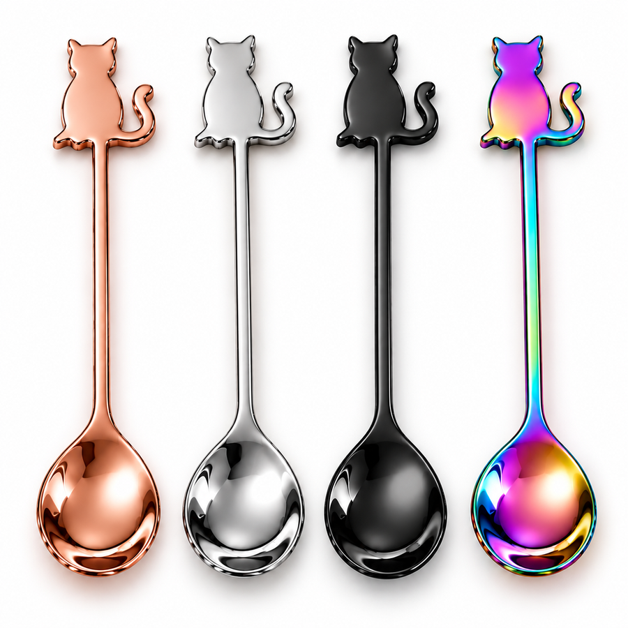 Four stainless steel cat-shaped spoons in different finishes: rose gold, silver, black, and iridescent rainbow. They are arranged vertically on a plain white background.
