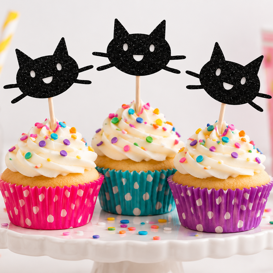 Three frosted cupcakes on a white pedestal stand, each topped with a black glitter cat-face topper. The cupcakes have white frosting, colorful sprinkles, and colorful polka-dot paper liners in pink, teal, and purple.