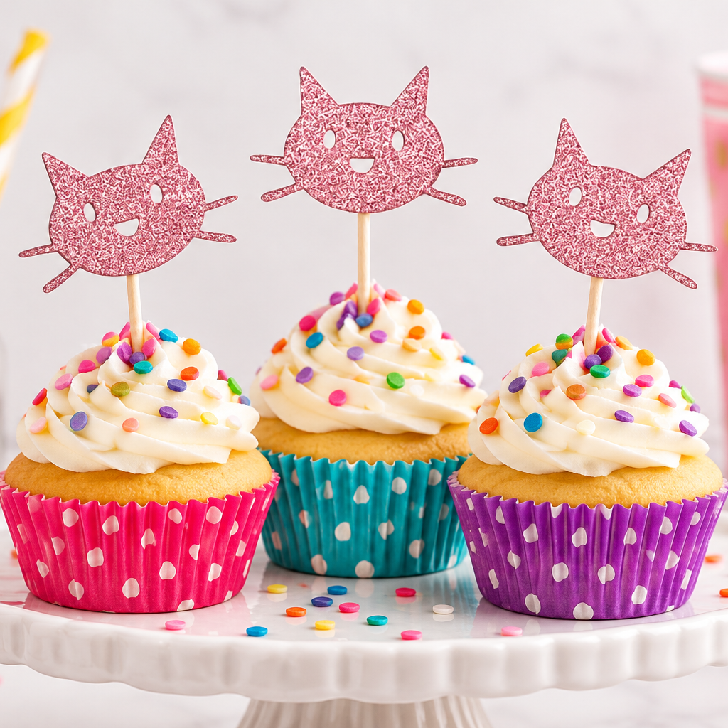 Three frosted cupcakes on a white pedestal stand, each topped with a pink glitter cat topper and colorful sprinkles, with a pink polka-dot cup and striped straws in the background.