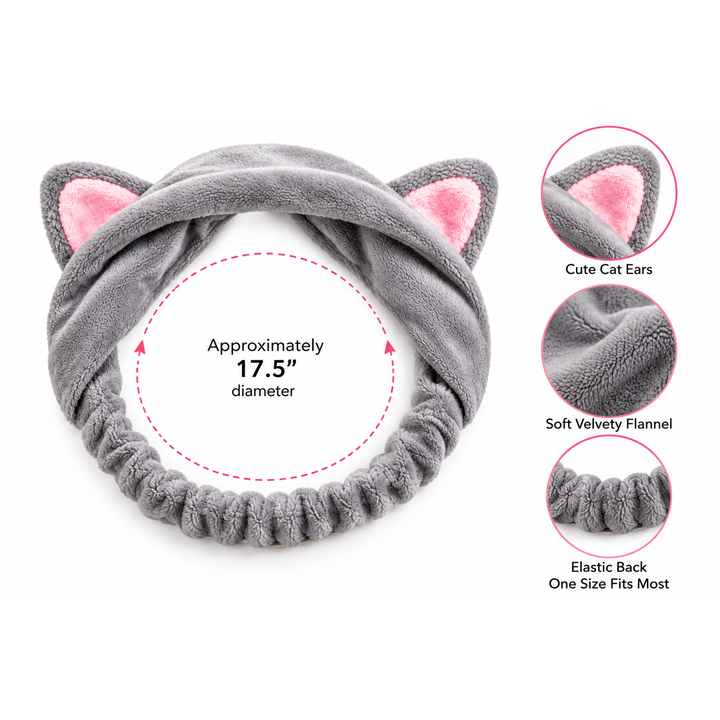 Gray plush cat-ear headband with pink inner ears, shown on a white background with inset detail circles highlighting the cat ears, velvety fabric, and elastic back. Text indicates an approximate 17.