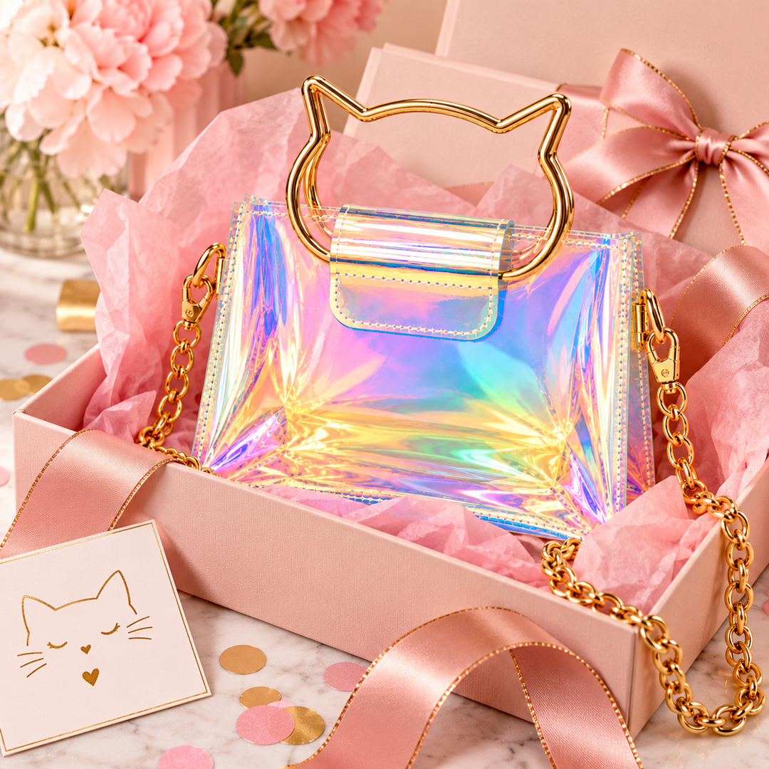 An iridescent holographic handbag with a gold cat-shaped handle and chain strap, presented in a pink gift box with pink tissue paper and ribbon.