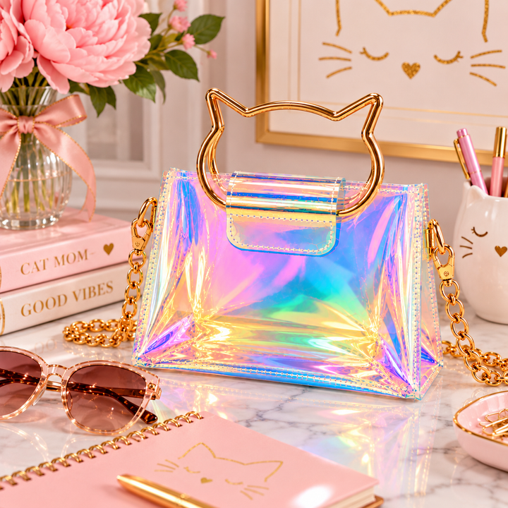 An iridescent holographic handbag with a cat-shaped gold handle and gold chain strap, styled on a marble surface with pink flowers, sunglasses, a notebook, and decorative props.