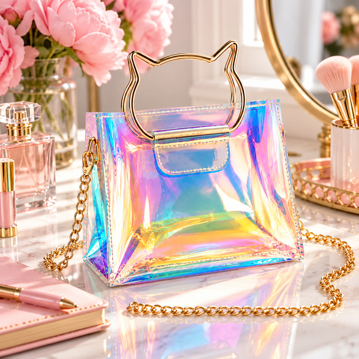 Iridescent holographic mini handbag with a cat-shaped gold handle, gold chain strap, and structured rectangular shape, styled on a marble vanity with pink flowers and beauty accessories.