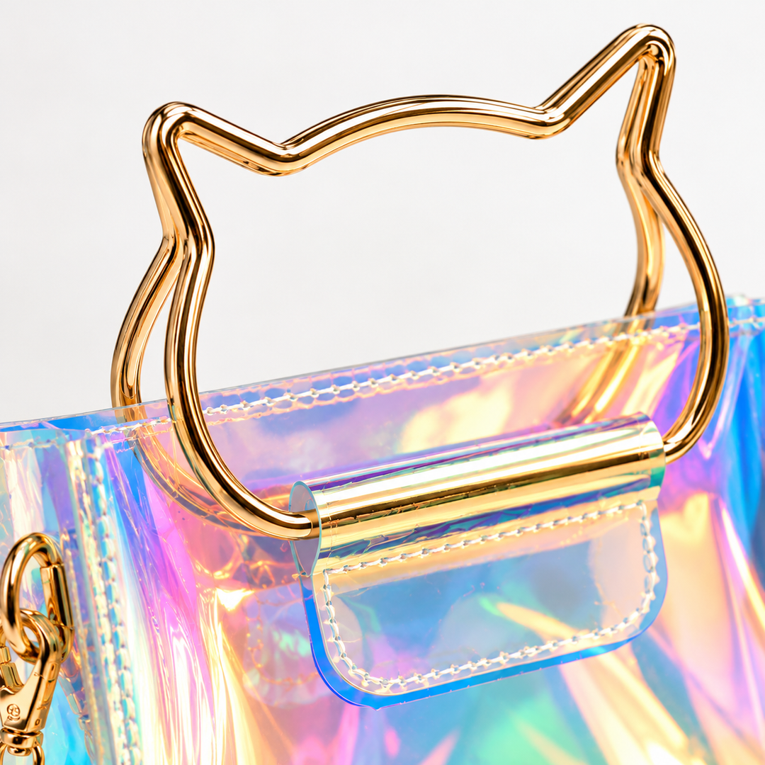 Close-up of a holographic iridescent handbag with a gold-tone metal cat-shaped handle and a matching closure.