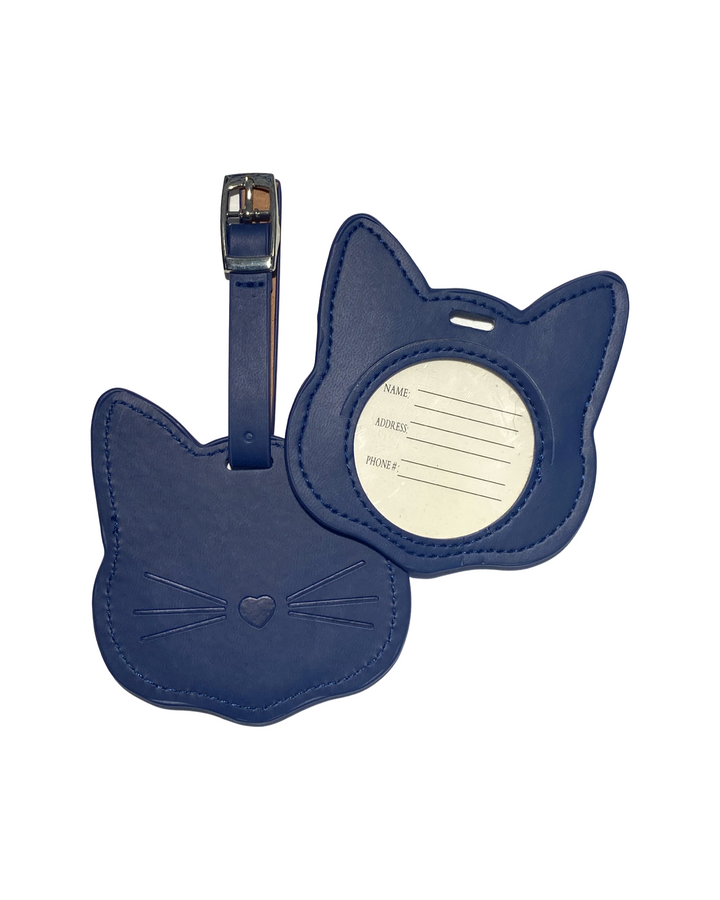 A pair of navy blue cat-shaped luggage tags with a matching strap and silver buckle, displayed on a clean white background.