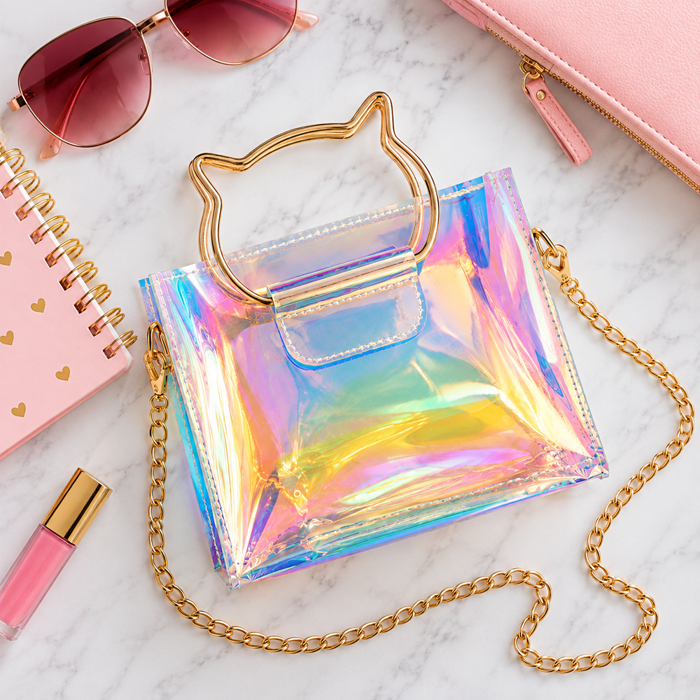 An iridescent holographic clear handbag with a gold cat-shaped handle and gold chain strap, styled on a white marble surface with pink sunglasses, a pink notebook, and a pink pouch nearby.