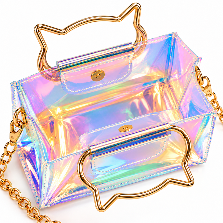 Iridescent holographic clear plastic handbag with gold-tone metal cat-shaped handles and a gold chain strap, shown on a white background.