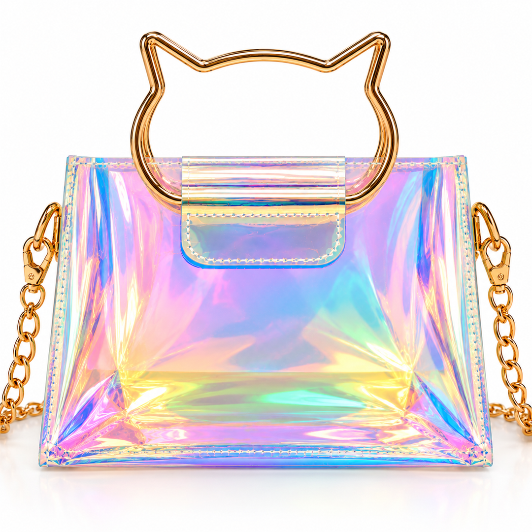 An iridescent holographic PVC handbag with a gold cat-shaped handle and gold chain strap, shown on a white background.