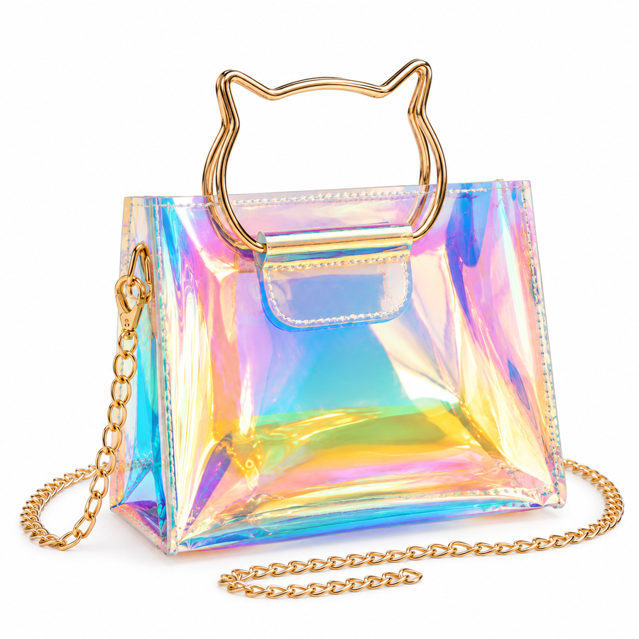Iridescent holographic PVC handbag with a gold cat-shaped top handle and a gold chain strap, shown on a white background.