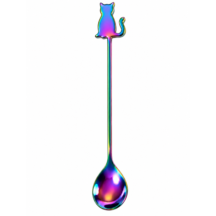 A long-handled spoon with a cat silhouette topper, finished in an iridescent rainbow finish, isolated on a white background.