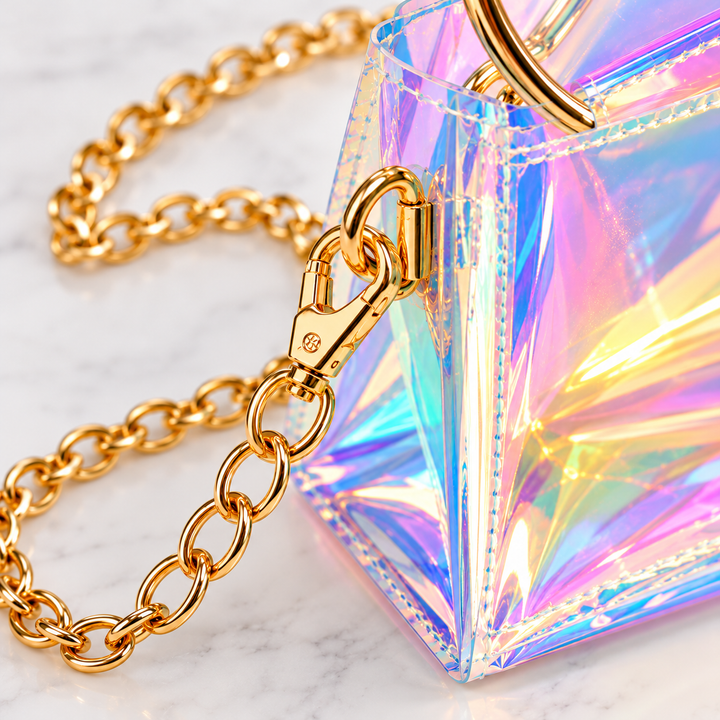Close-up of a faceted holographic iridescent handbag with a gold chain strap and gold clasp, photographed on a light marble surface.