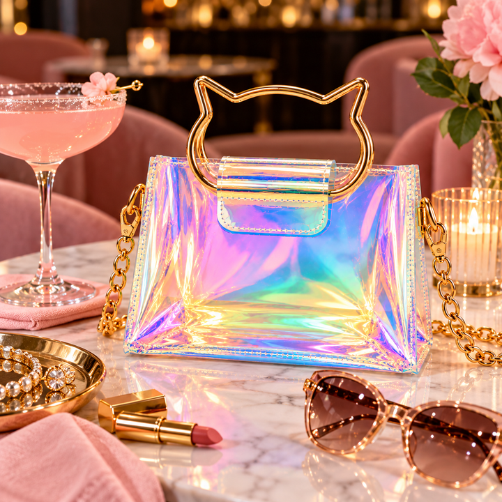 An iridescent holographic handbag with a gold cat-shaped handle and gold chain strap, styled on a marble table with pink cocktails, sunglasses, lipstick, jewelry, and flowers in a lounge setting.