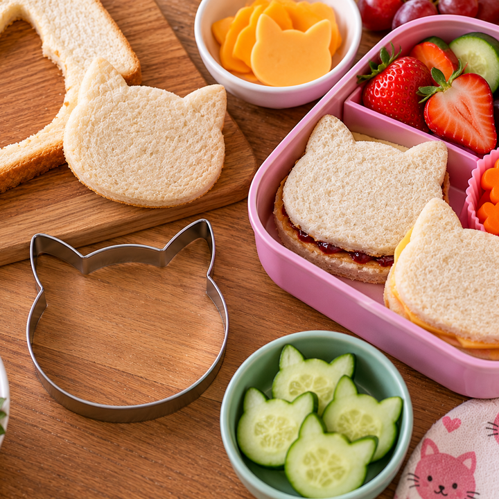 A styled breakfast scene on a wooden table showing cat-shaped sandwich cutouts, a metal cat-shaped cookie cutter, sliced bread, strawberries, grapes, cucumber slices, cheese wedges, and a pink bento box with cat-shaped sandwich halves and carrot cups.