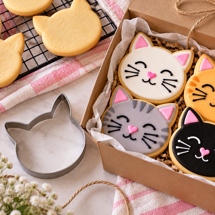 Four cat-face decorated sugar cookies in a brown gift box with shredded paper, alongside a metal cat-shaped cookie cutter and extra plain cat-shaped cookies on a cooling rack. A paper tag reads 'Made with Love'.