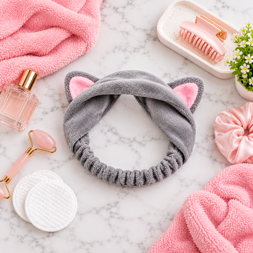 A gray plush cat-ear headband with pink inner ears is styled on a white marble surface with pink towels, cotton pads, a pink hair clip, a perfume bottle, and a small plant.
