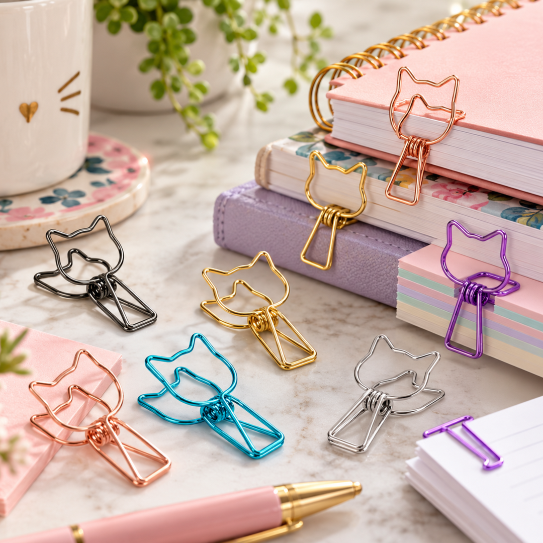 A set of cat-shaped metal paperclips in multiple colors (rose gold, gold, silver, teal, purple) displayed on a marble desk alongside stationery items like notebooks, a pen, and a mug.