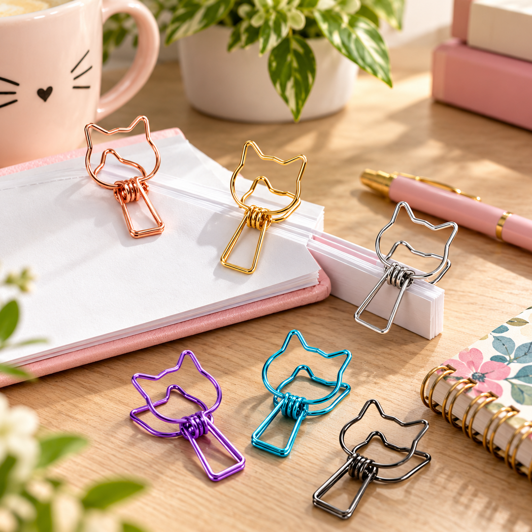 Five metal paperclip-style binder clips shaped like a cat face are arranged on a wooden desk with notebooks, a pink mug, and a plant in the background. The clips come in rose gold, gold, silver, purple, and blue, with one silver clip open.