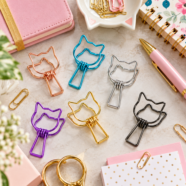 Six metal paperclips shaped like cat heads in rose gold, blue, silver, purple, gold, and black, arranged in a styled flat-lay with notebooks, a pen, and paper clips on a light marble surface.