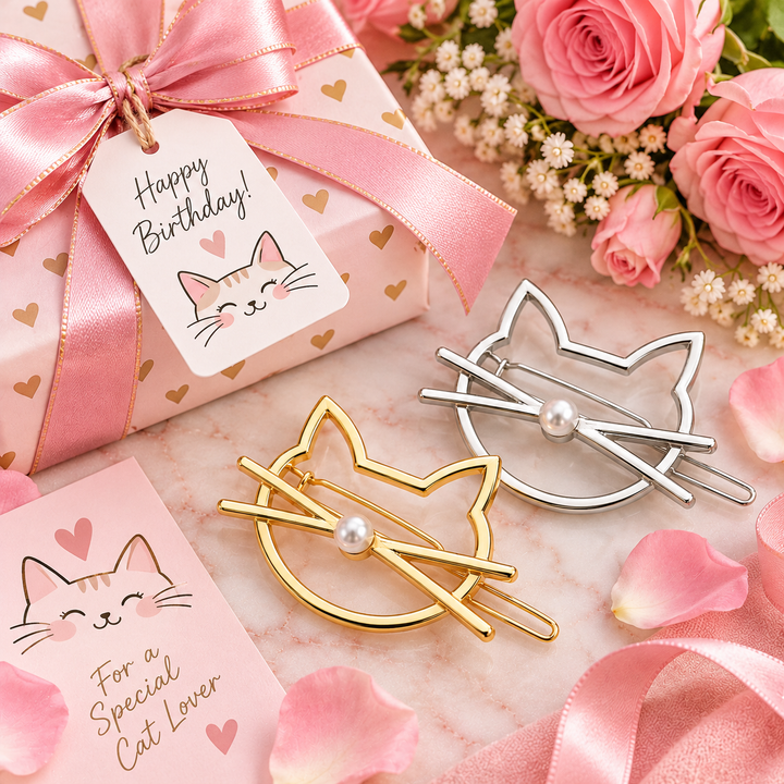 Two cat-shaped hair clips, one gold and one silver, each with a small pearl at the center, displayed on a pink marble surface with pink rose petals. A pink gift box with a pink ribbon and a 'Happy Birthday!' tag is in the background, along with a matching pink card.