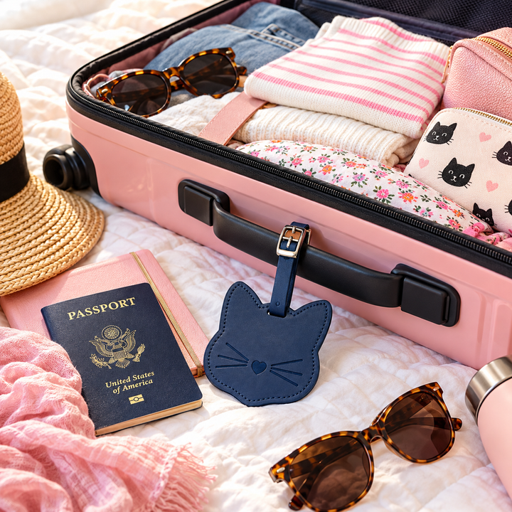 A pink hard-shell suitcase filled with folded clothing and accessories, styled on a white quilted blanket with a straw hat, passport, sunglasses, and a navy blue cat-shaped luggage tag.
